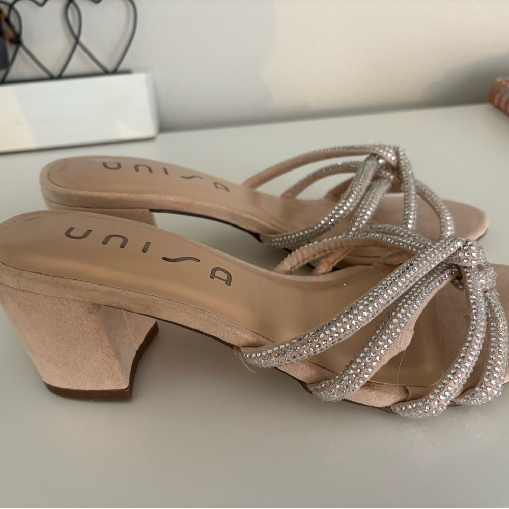 Unisa Cream and Silver Strappy Heels with Rhinestone Embellishments